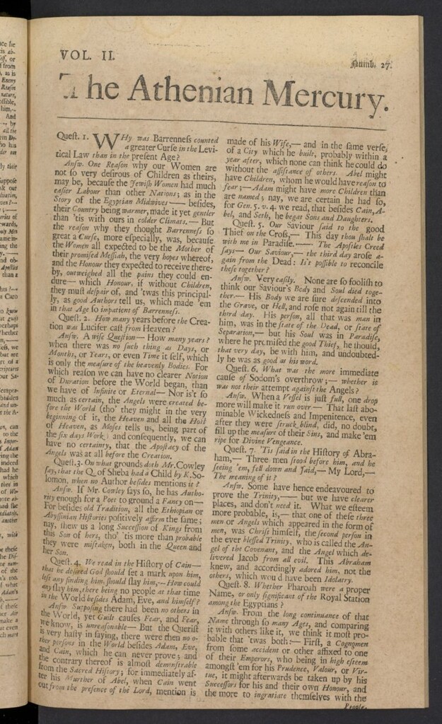 Miniatura de The Athenian Gazette or Casuistical Mercury. Tomo II de 1691, nº 27