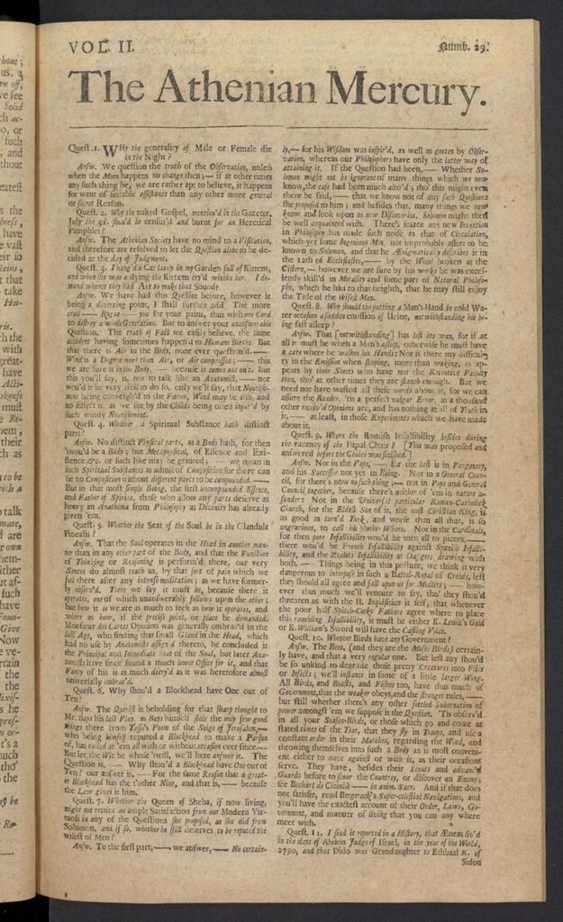 Miniatura de The Athenian Gazette or Casuistical Mercury. Tomo II de 1691, nº 29