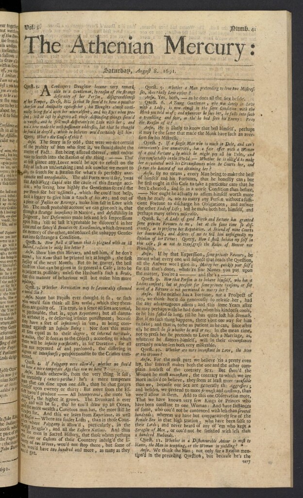Miniatura de The Athenian Gazette or Casuistical Mercury del 8 de agosto de 1691, nº 4