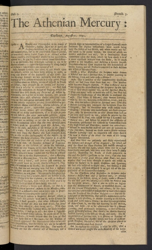 Miniatura de The Athenian Gazette or Casuistical Mercury del 11 de agosto de 1691, nº 5