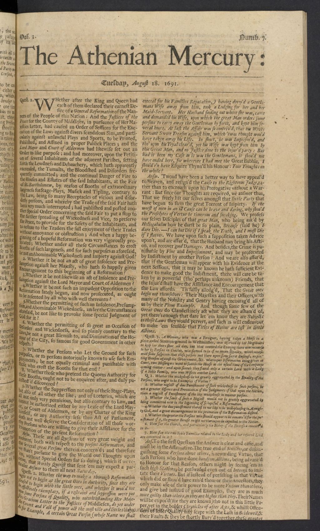 Miniatura de The Athenian Gazette or Casuistical Mercury del 18 de agosto de 1691, nº 7
