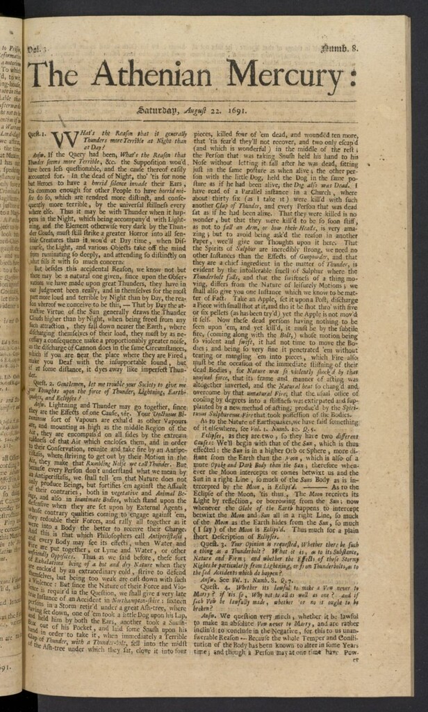 Miniatura de The Athenian Gazette or Casuistical Mercury del 22 de agosto de 1691, nº 8