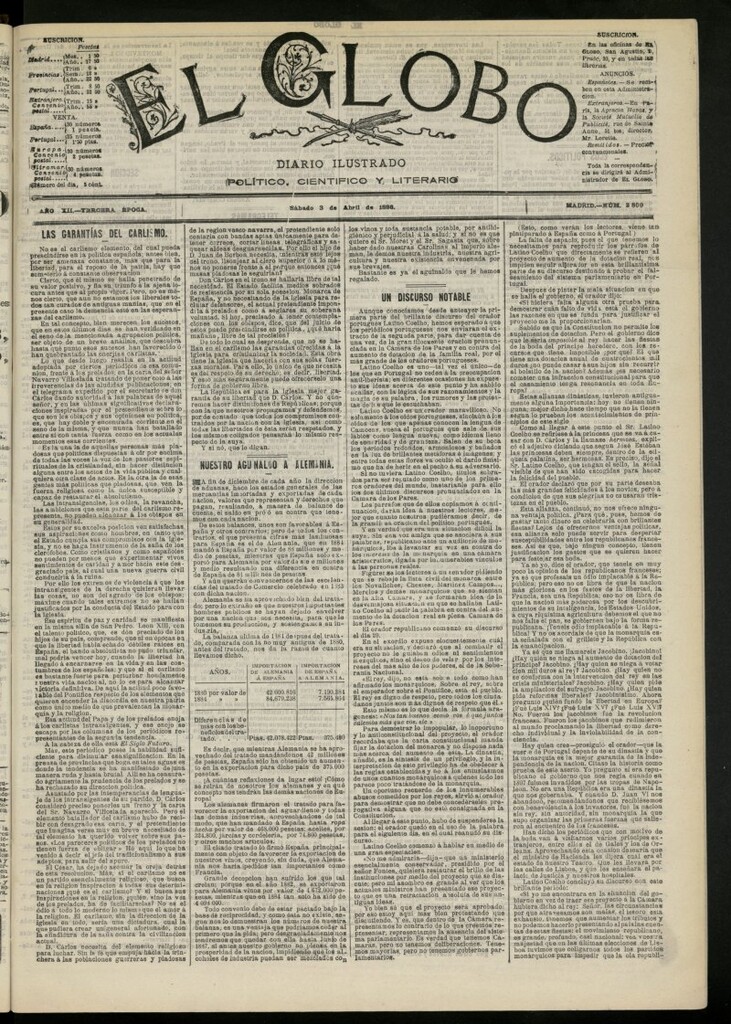 Miniatura de El Globo : diario ilustrado del 3 de abril de 1886, nº 3809