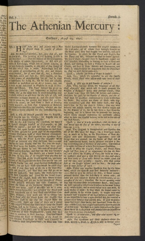 Miniatura de The Athenian Gazette or Casuistical Mercury del 25 de agosto de 1691, nº 9