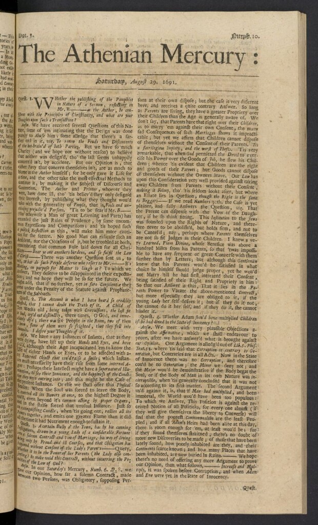 Miniatura de The Athenian Gazette or Casuistical Mercury del 29 de agosto de 1691, nº 10