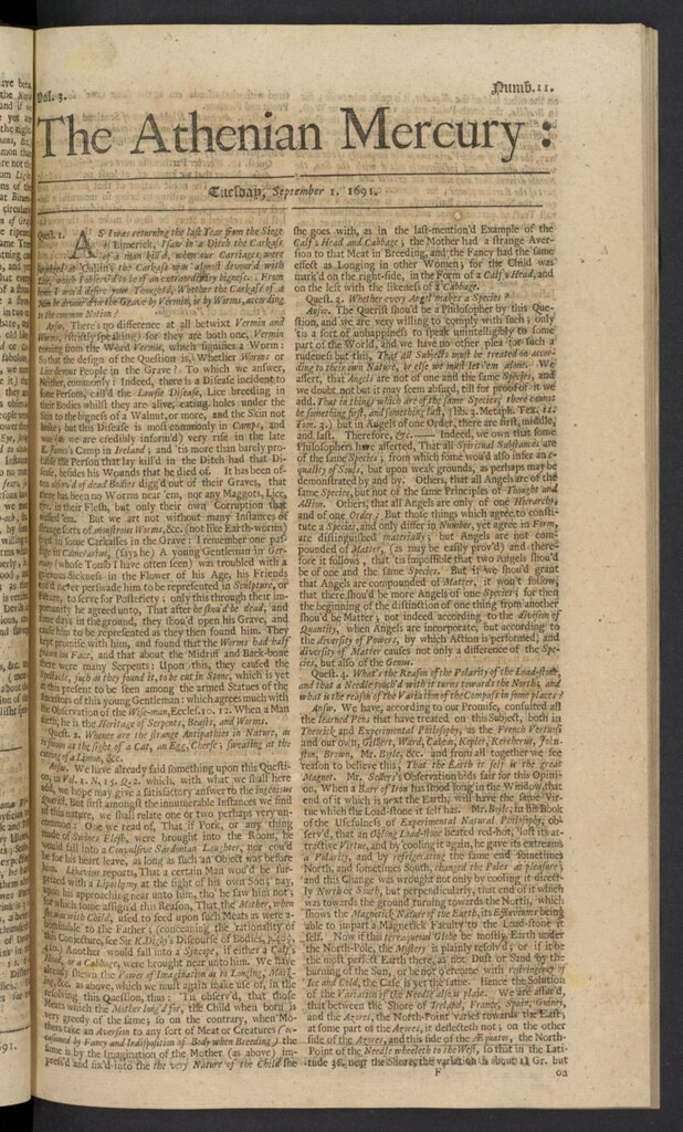 Miniatura de The Athenian Gazette or Casuistical Mercury del 1 de septiembre de 1691, nº 11