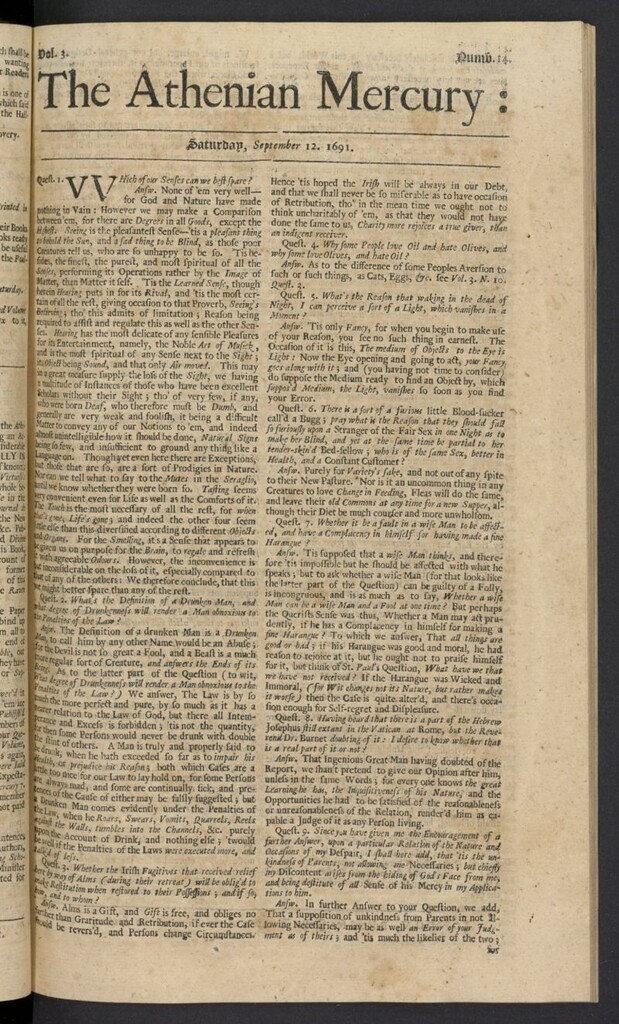 Miniatura de The Athenian Gazette or Casuistical Mercury del 12 de septiembre de 1691, nº 14
