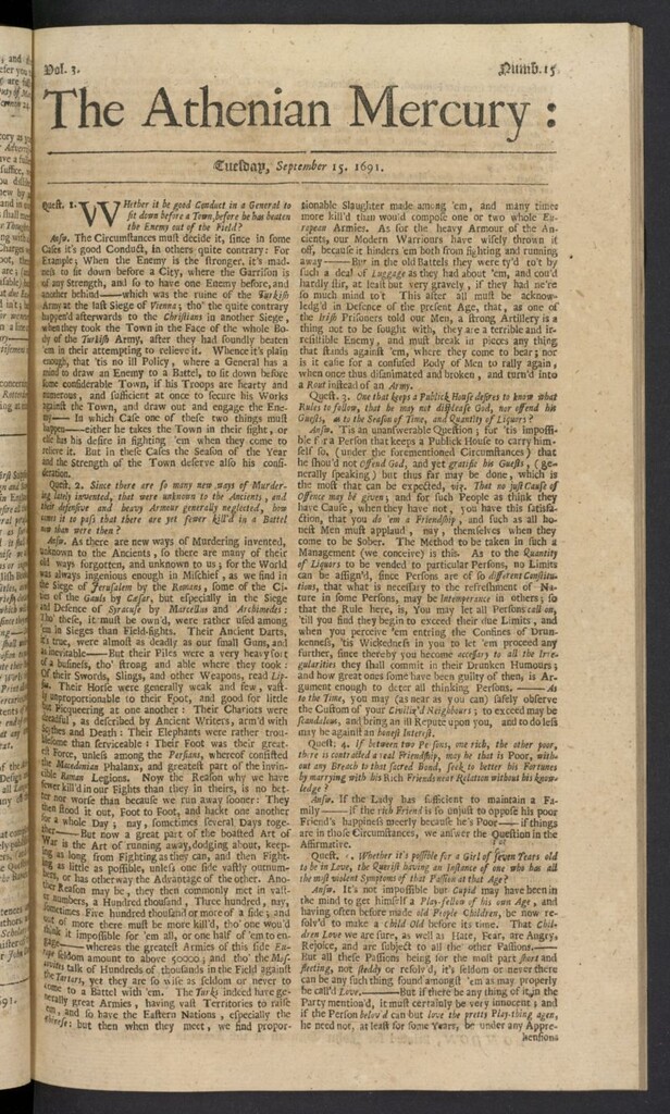 Miniatura de The Athenian Gazette or Casuistical Mercury del 15 de septiembre de 1691, nº 15