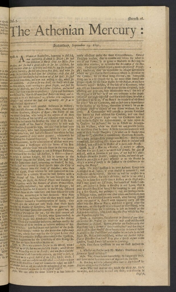 Miniatura de The Athenian Gazette or Casuistical Mercury del 19 de septiembre de 1691, nº 16