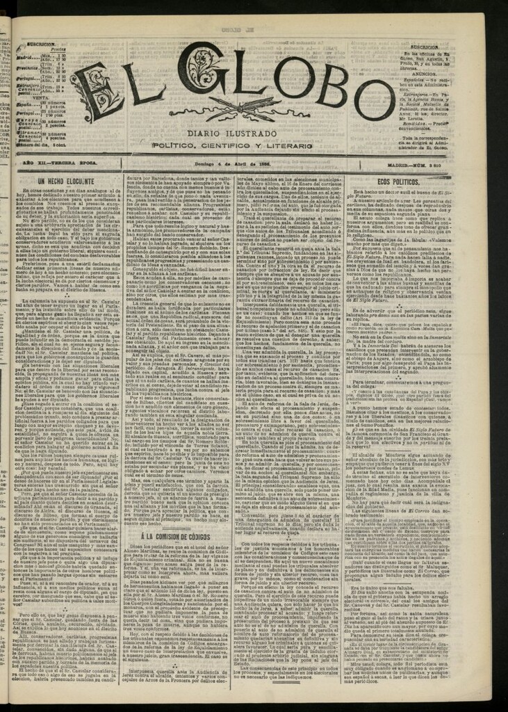 Miniatura de El Globo : diario ilustrado del 4 de abril de 1886, nº 3810