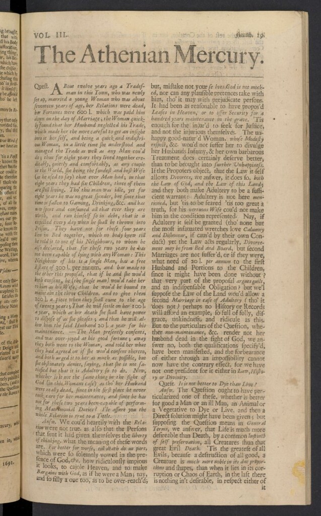 Miniatura de The Athenian Gazette or Casuistical Mercury. Tomo III de 1691, nº 19