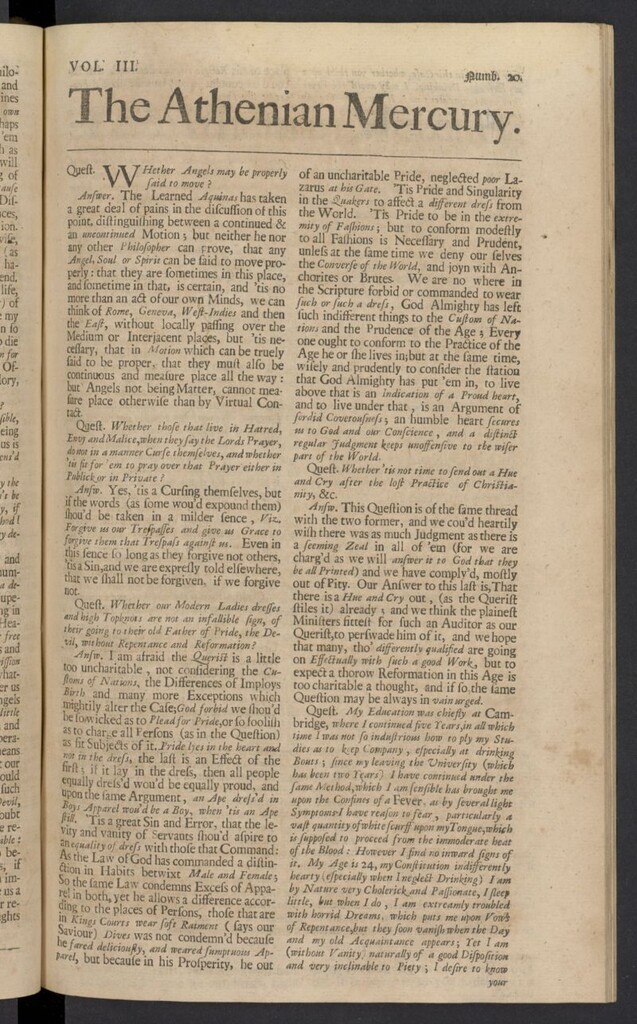 Miniatura de The Athenian Gazette or Casuistical Mercury. Tomo III de 1691, nº 20