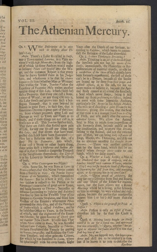 Miniatura de The Athenian Gazette or Casuistical Mercury. Tomo III de 1691, nº 21