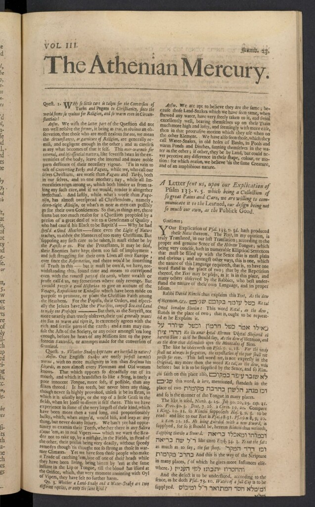Miniatura de The Athenian Gazette or Casuistical Mercury. Tomo III de 1691, nº 23