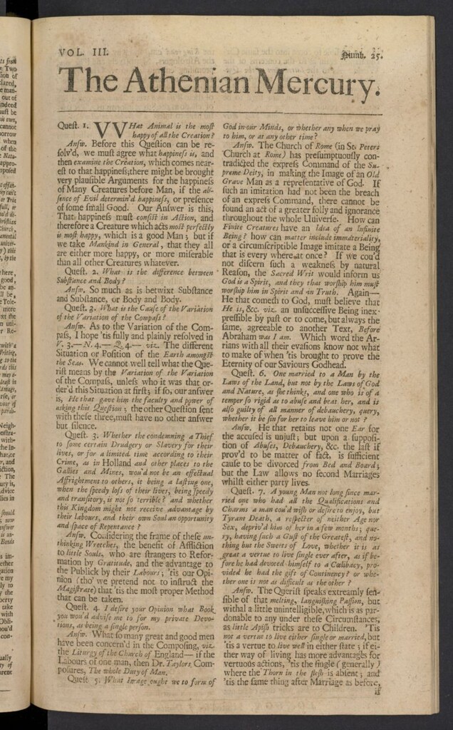 Miniatura de The Athenian Gazette or Casuistical Mercury. Tomo III de 1691, nº 25