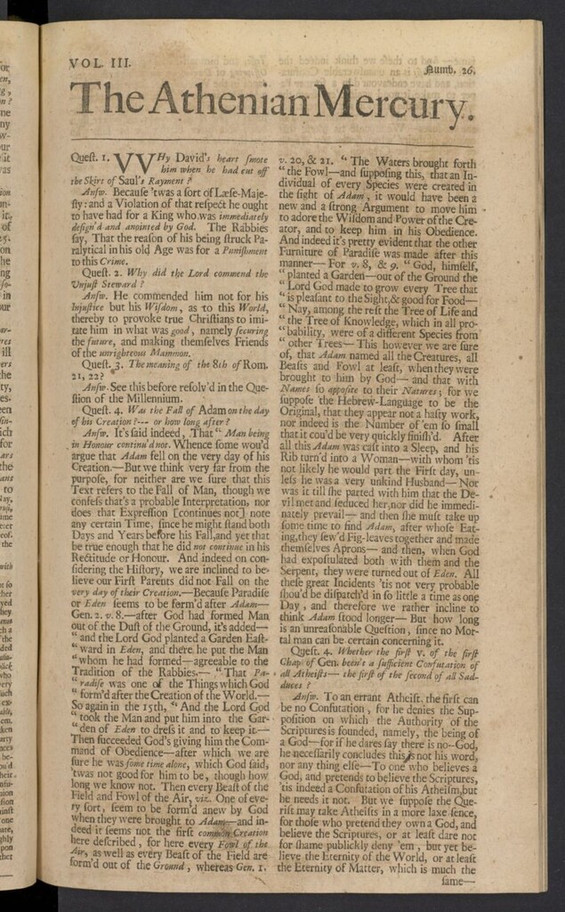 Miniatura de The Athenian Gazette or Casuistical Mercury. Tomo III de 1691, nº 26