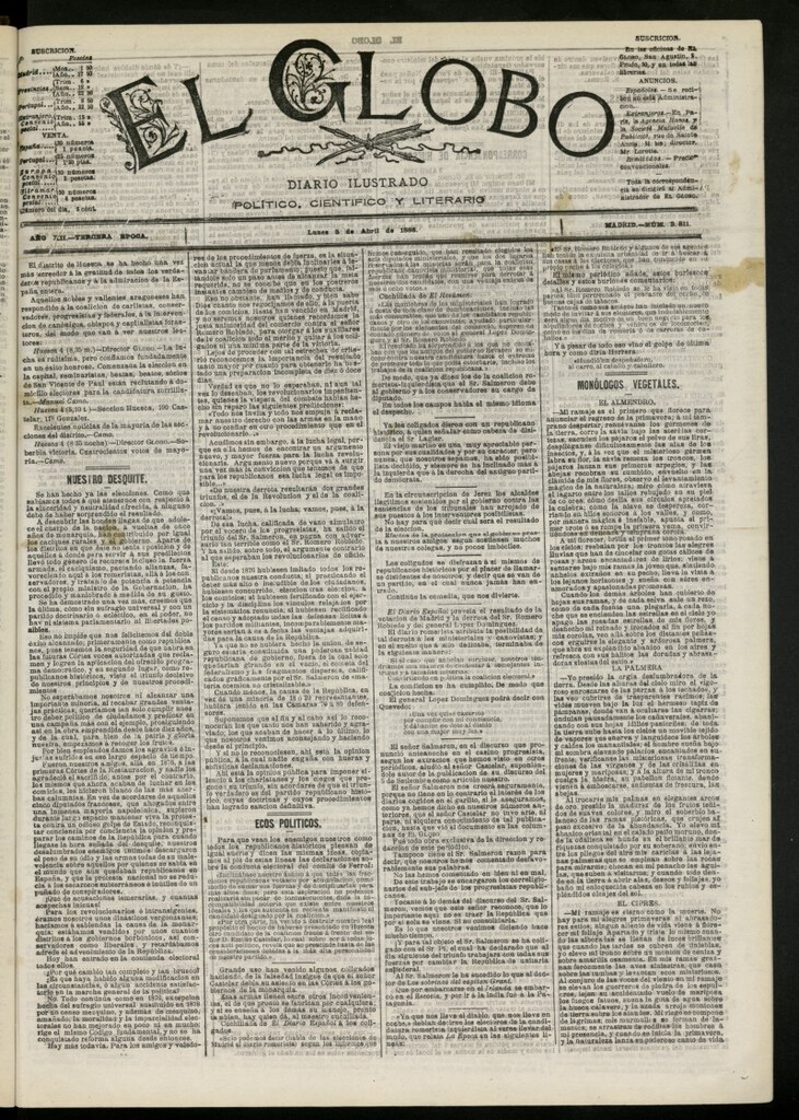Miniatura de El Globo : diario ilustrado del 5 de abril de 1886, nº 3811