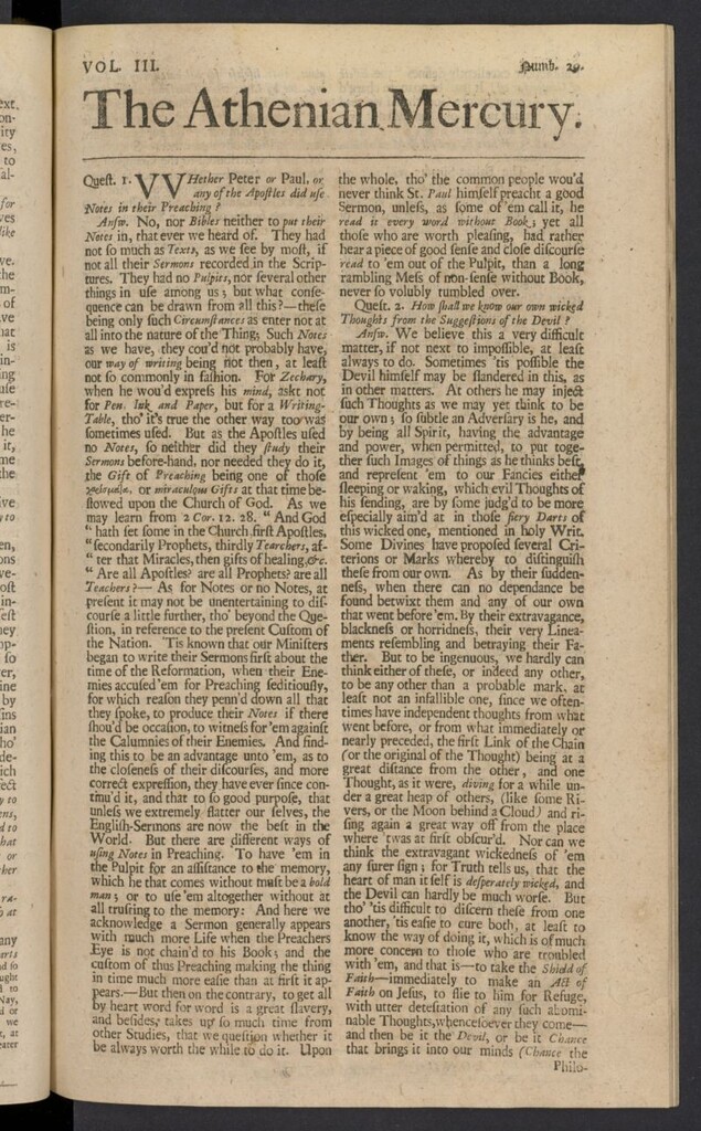 Miniatura de The Athenian Gazette or Casuistical Mercury. Tomo III de 1691, nº 29