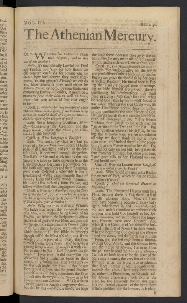 Miniatura de The Athenian Gazette or Casuistical Mercury. Tomo III de 1691, nº 30