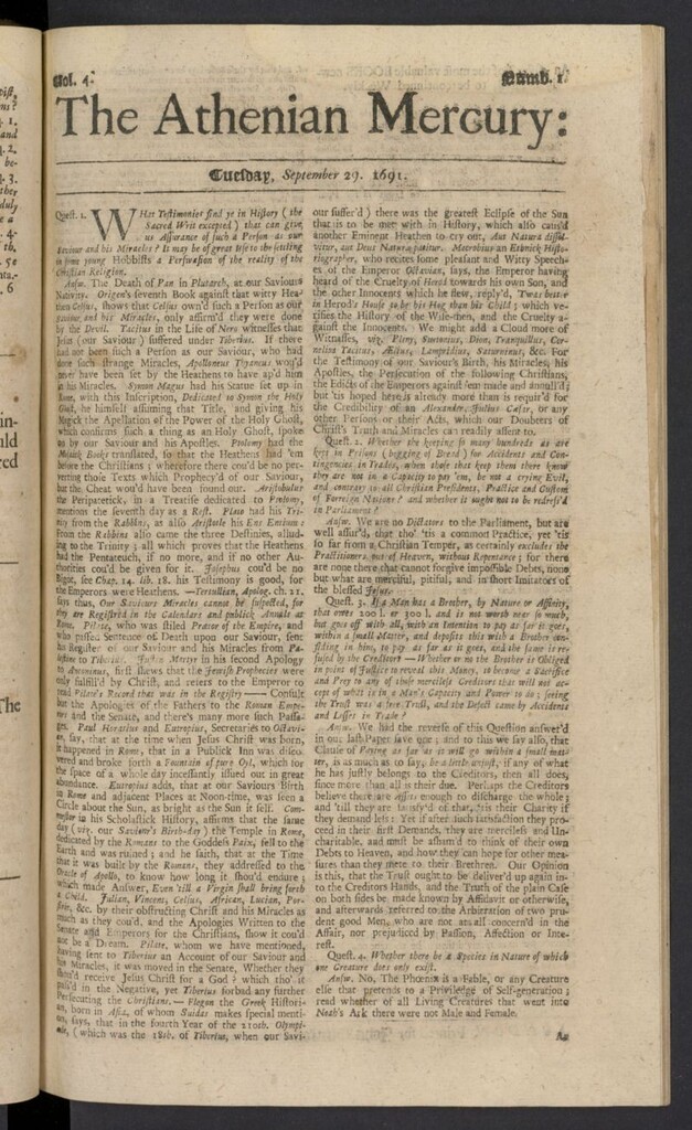 Miniatura de The Athenian Gazette or Casuistical Mercury del 29 de septiembre de  1691, nº 1