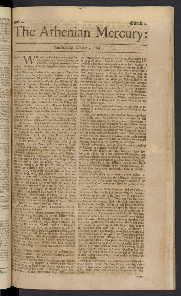 Miniatura de The Athenian Gazette or Casuistical Mercury del 3 de octubre de 1691, nº 2