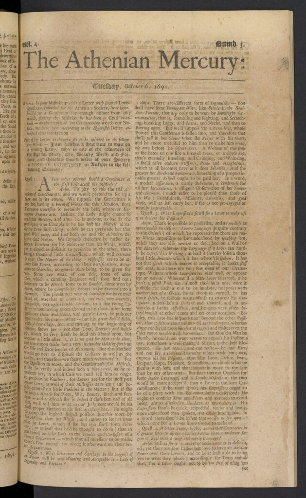 Miniatura de The Athenian Gazette or Casuistical Mercury del 6 de octubre de 1691, nº 3