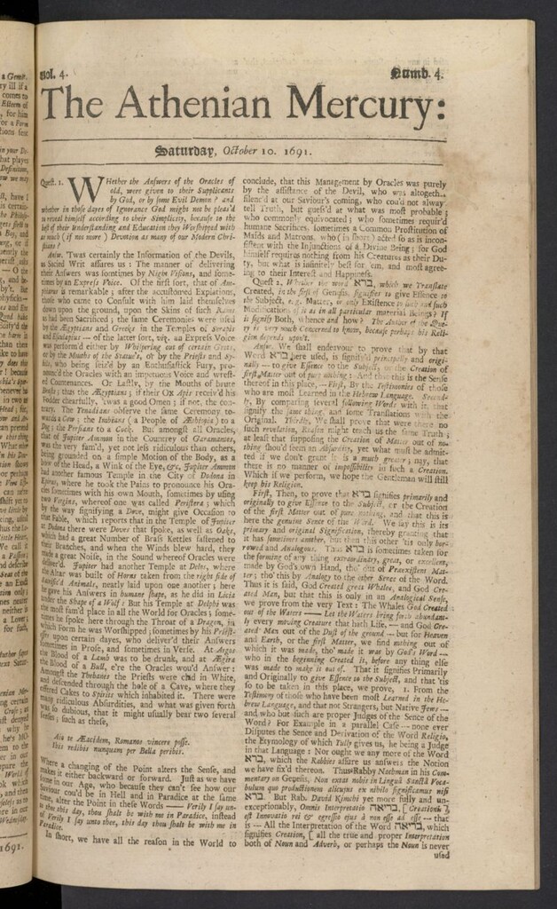 Miniatura de The Athenian Gazette or Casuistical Mercury del 10 de octubre de 1691, nº 4