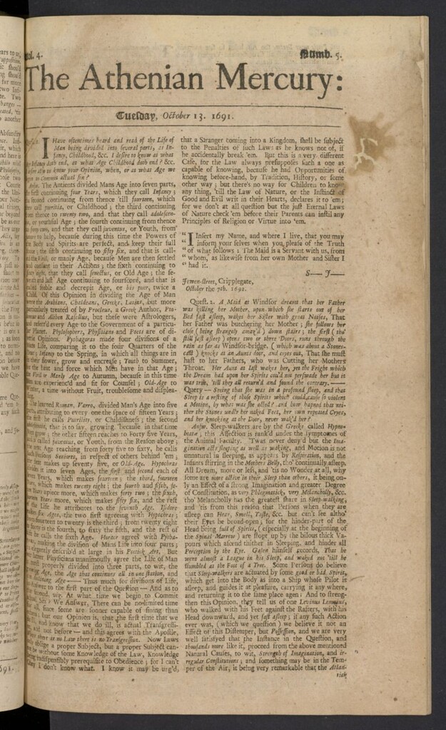 Miniatura de The Athenian Gazette or Casuistical Mercury del 13 de octubre de 1691, nº 5