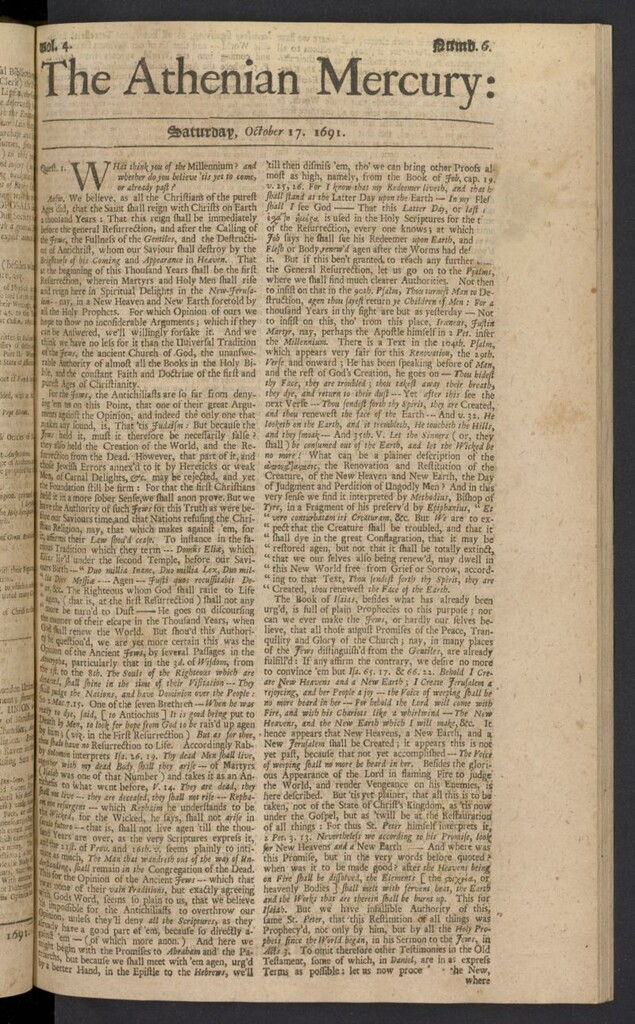 Miniatura de The Athenian Gazette or Casuistical Mercury del 17 de octubre de 1691, nº 6