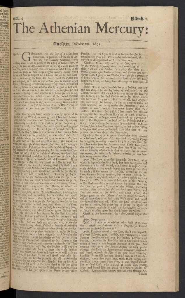 Miniatura de The Athenian Gazette or Casuistical Mercury del 20 de octubre de 1691, nº 7