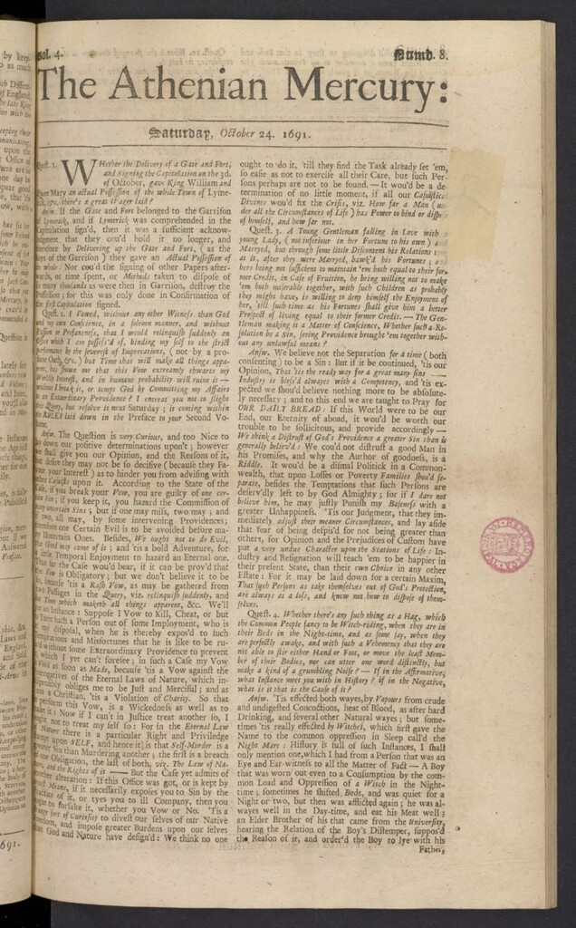 Miniatura de The Athenian Gazette or Casuistical Mercury del 24 de octubre de 1691, nº 8