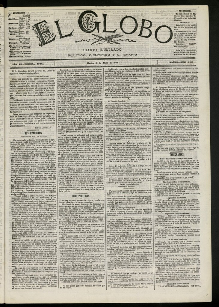 Miniatura de El Globo : diario ilustrado del 6 de abril de 1886, nº 3812