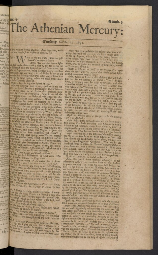 Miniatura de The Athenian Gazette or Casuistical Mercury del 27 de octubre de 1691, nº 9