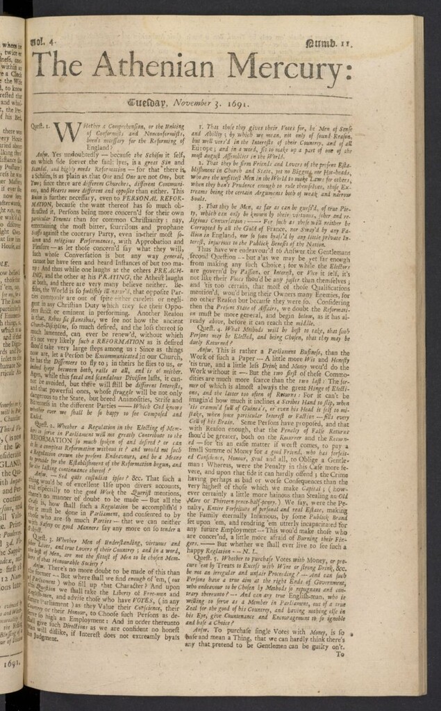 Miniatura de The Athenian Gazette or Casuistical Mercury del 3 de noviembre de 1691, nº 11