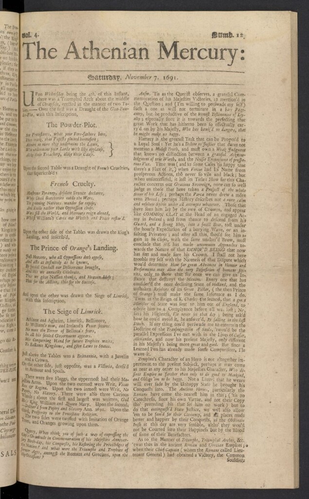 Miniatura de The Athenian Gazette or Casuistical Mercury del 7 de noviembre de 1691, nº 12