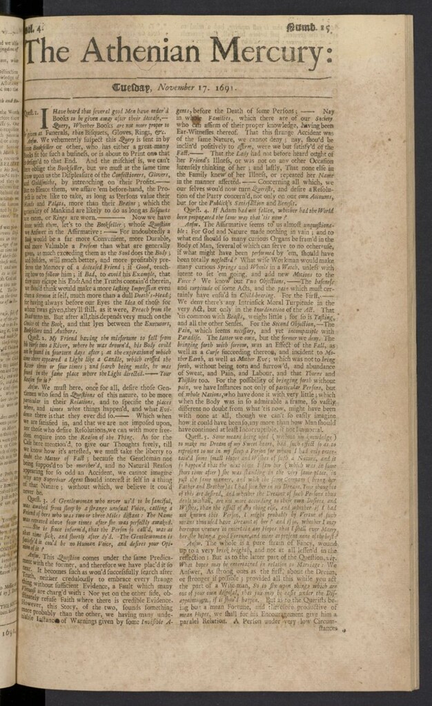 Miniatura de The Athenian Gazette or Casuistical Mercury del 17 de noviembre de 1691, nº 15