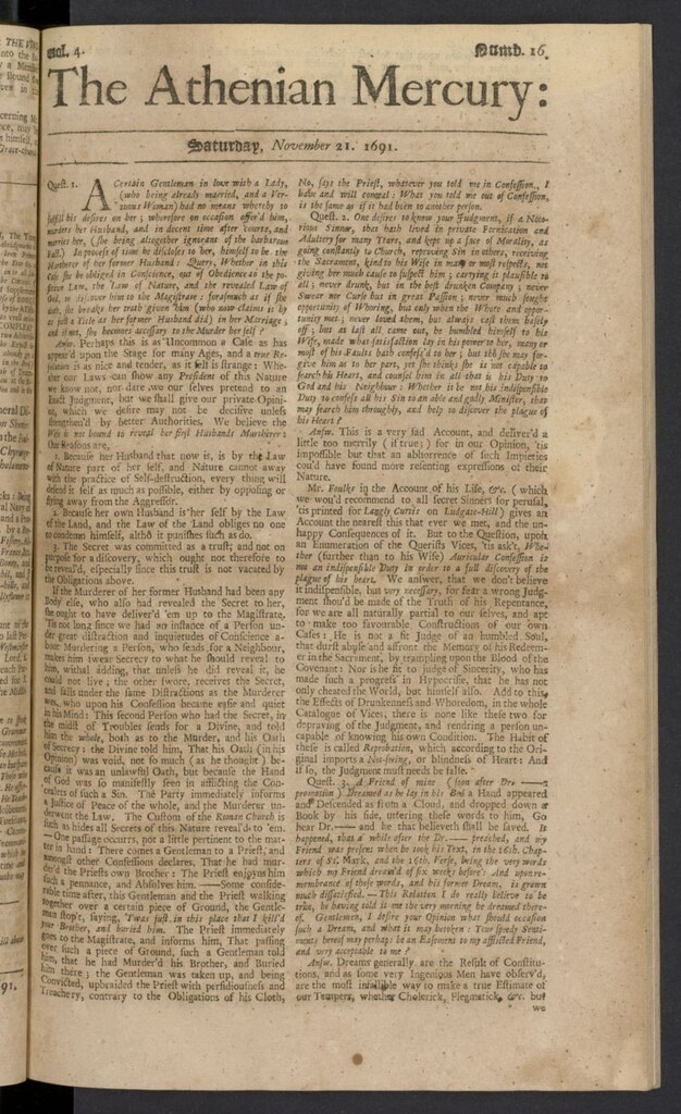 Miniatura de The Athenian Gazette or Casuistical Mercury del 21 de noviembre de 1691, nº 16