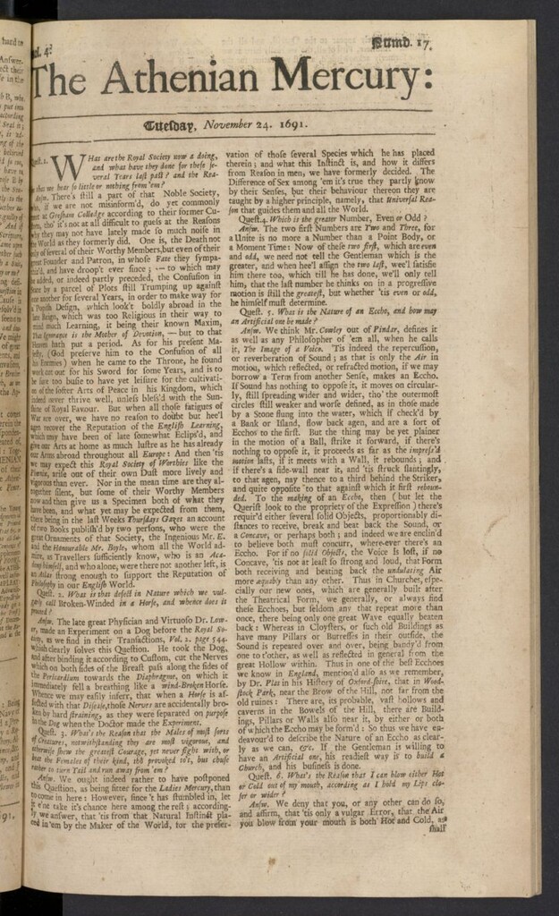 Miniatura de The Athenian Gazette or Casuistical Mercury del 24 de noviembre de 1691, nº 17