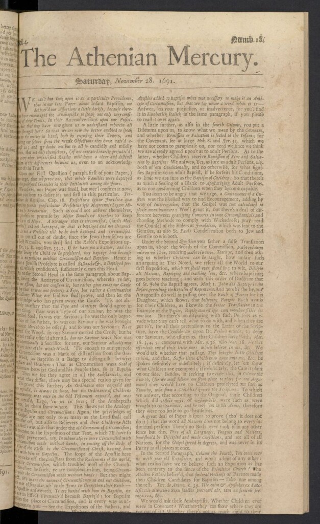Miniatura de The Athenian Gazette or Casuistical Mercury del 28 de noviembre de 1691, nº 18