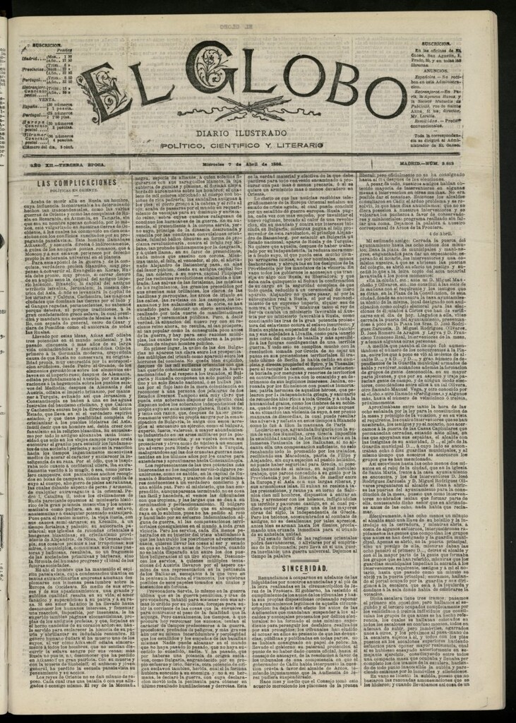 Miniatura de El Globo : diario ilustrado del 7 de abril de 1886, nº 3813