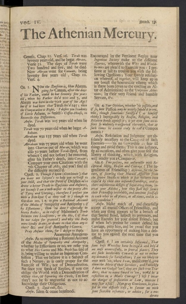 Miniatura de The Athenian Gazette or Casuistical Mercury. Tomo IV de 1691, nº 19