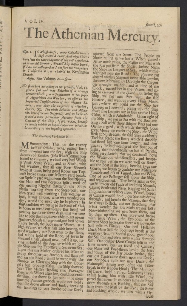 Miniatura de The Athenian Gazette or Casuistical Mercury. Tomo IV de 1691, nº 20