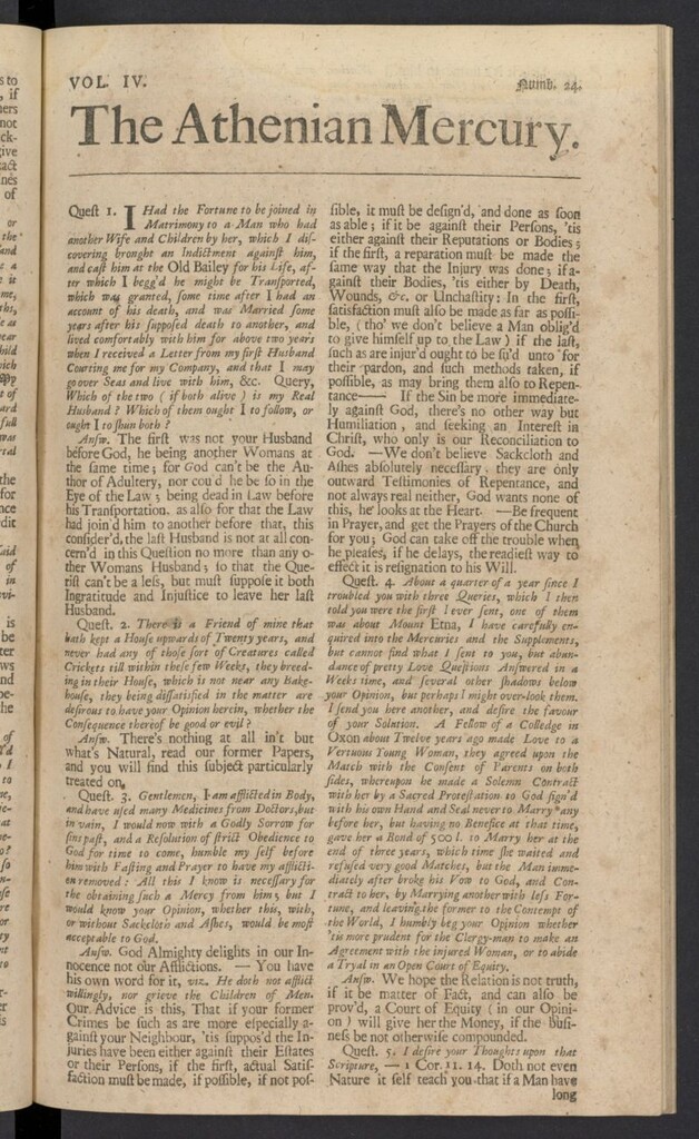 Miniatura de The Athenian Gazette or Casuistical Mercury. Tomo IV de 1691, nº 24