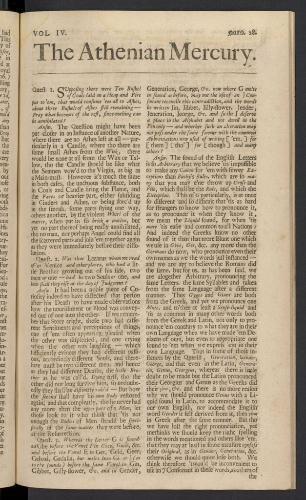 Miniatura de The Athenian Gazette or Casuistical Mercury. Tomo IV de 1691, nº 28