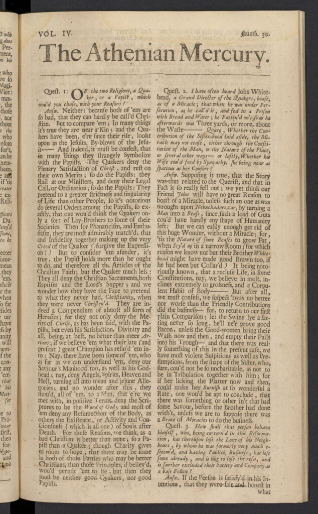 Miniatura de The Athenian Gazette or Casuistical Mercury. Tomo IV de 1691, nº 30