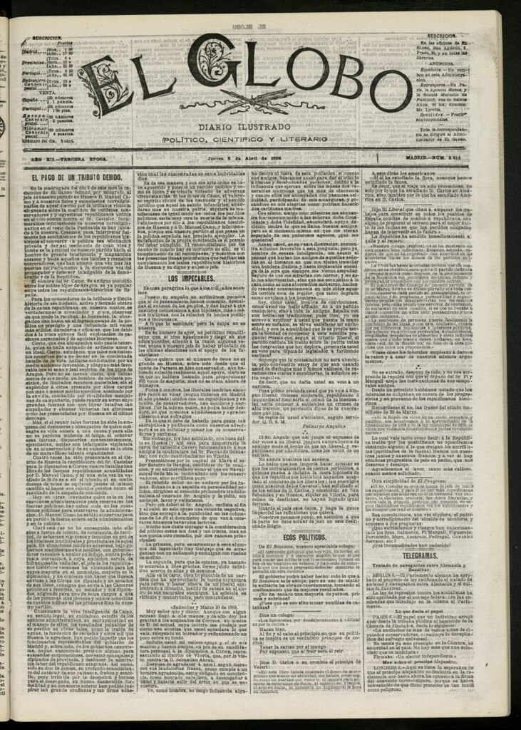 Miniatura de El Globo : diario ilustrado del 8 de abril de 1886, nº 3814