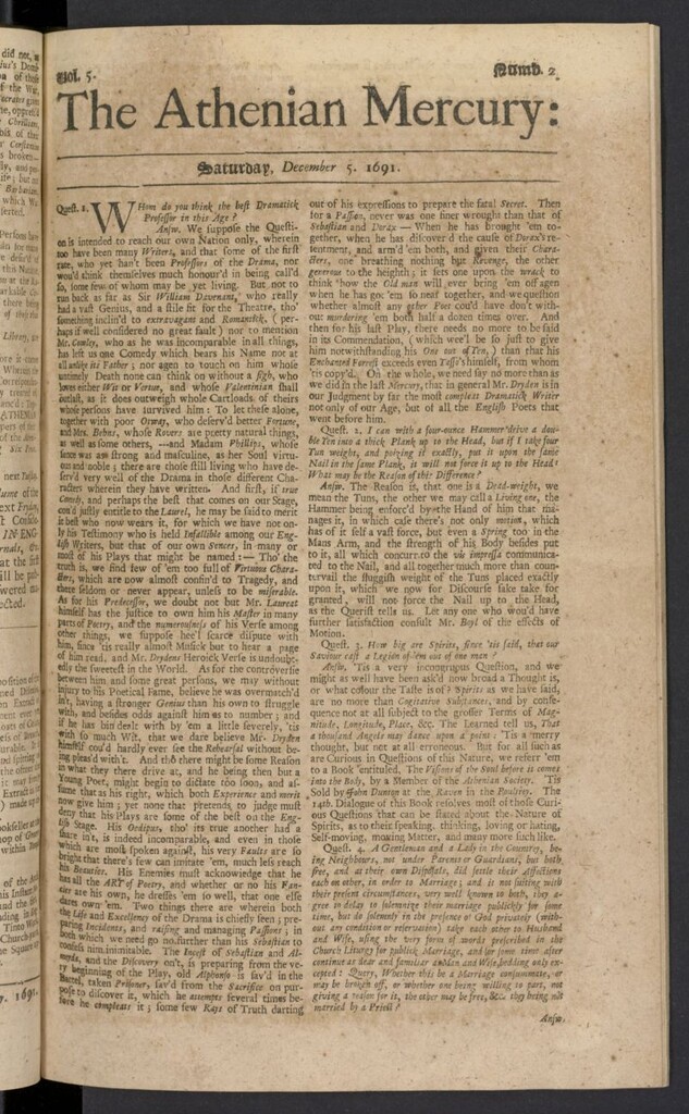 Miniatura de The Athenian Gazette or Casuistical Mercury del 5 de diciembre de 1691, nº 2
