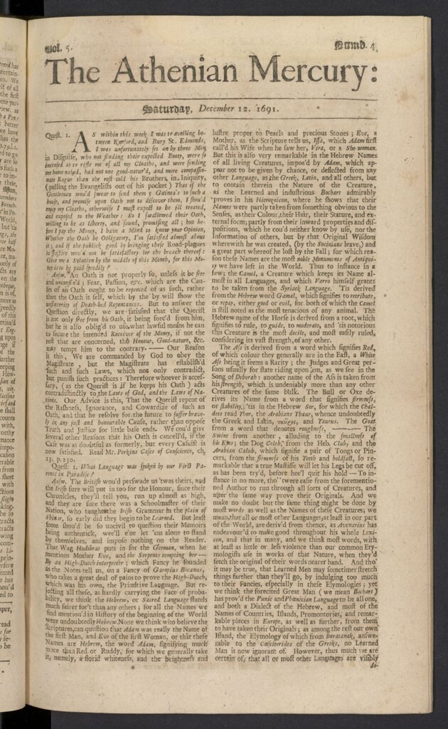 Miniatura de The Athenian Gazette or Casuistical Mercury del 12 de diciembre de 1691, nº 4