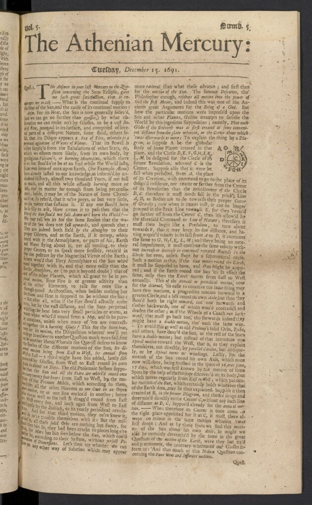 Miniatura de The Athenian Gazette or Casuistical Mercury del 15 de diciembre de 1691, nº 5