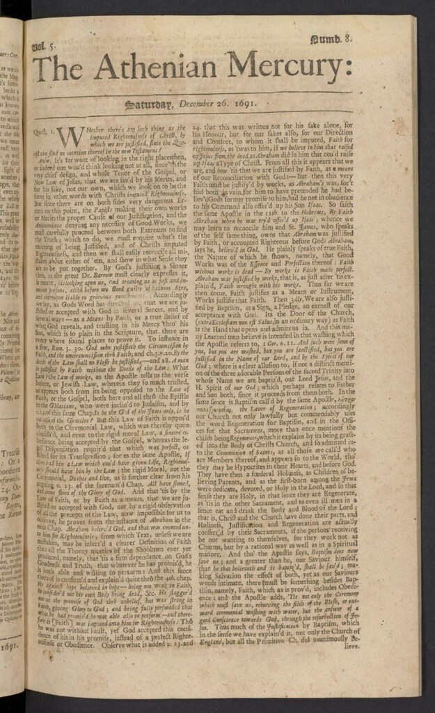 Miniatura de The Athenian Gazette or Casuistical Mercury del 26 de diciembre de 1691, nº 8